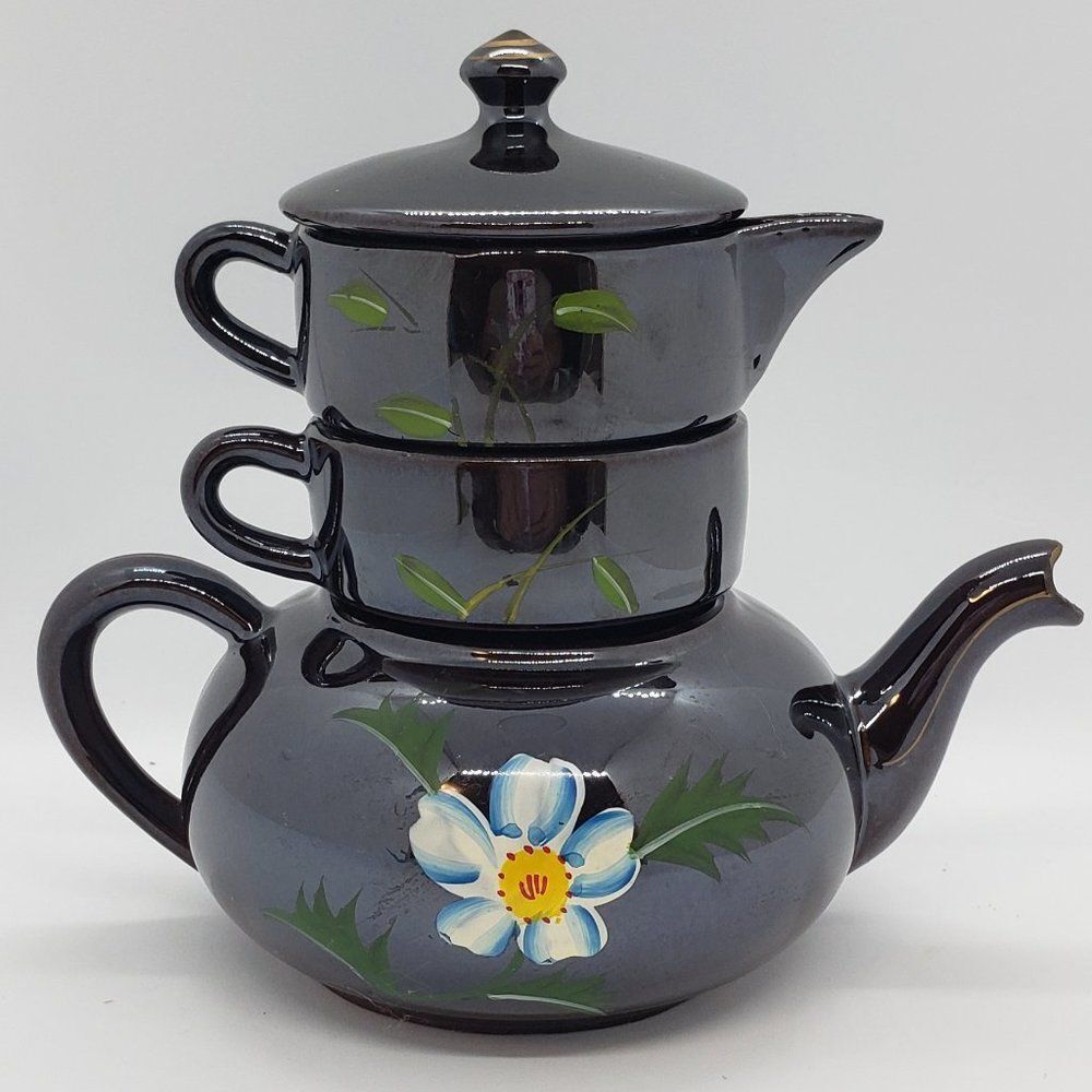 Shafford Japan Vintage Flower Brown Betty Stacking Teapot Cream & Sugar Set
